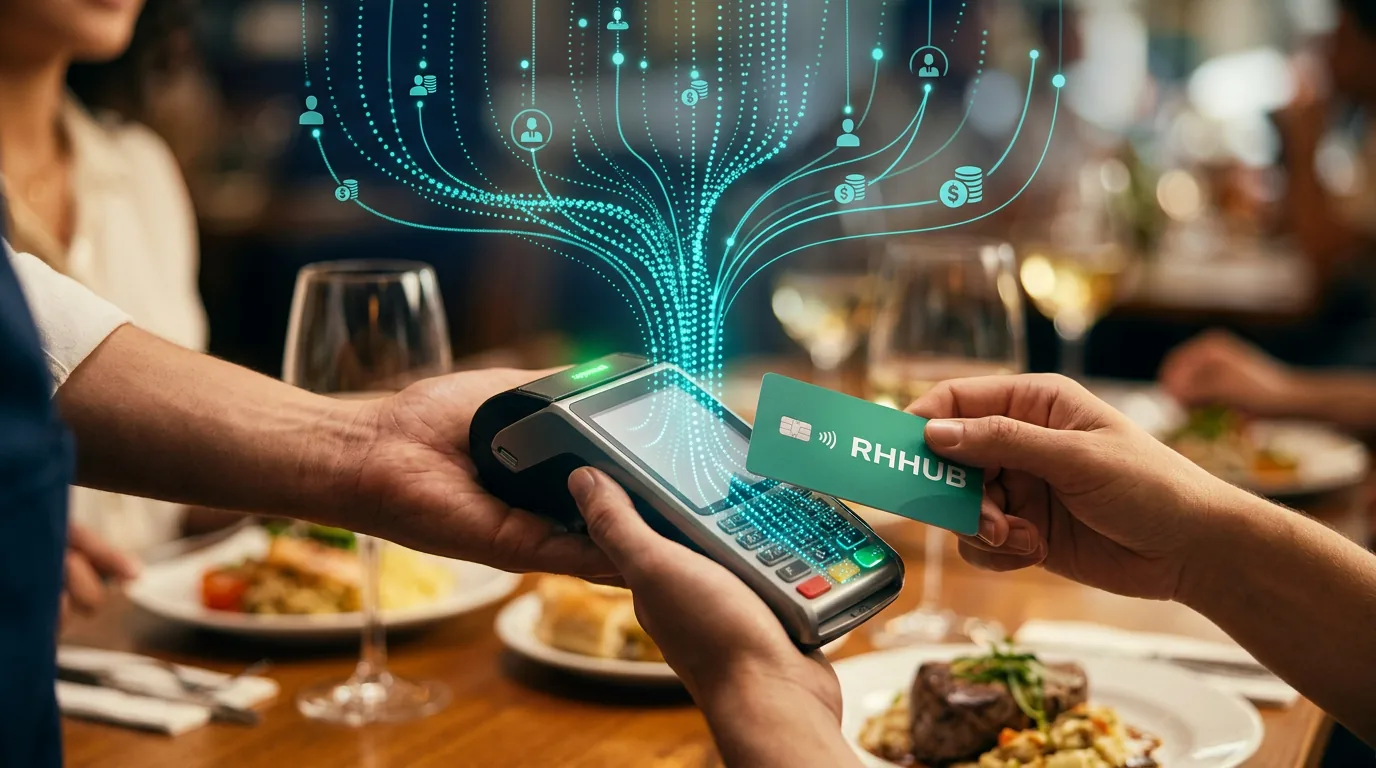 Maquininha em restaurante recebendo o cartão RHHUB após carga feita pela IA
