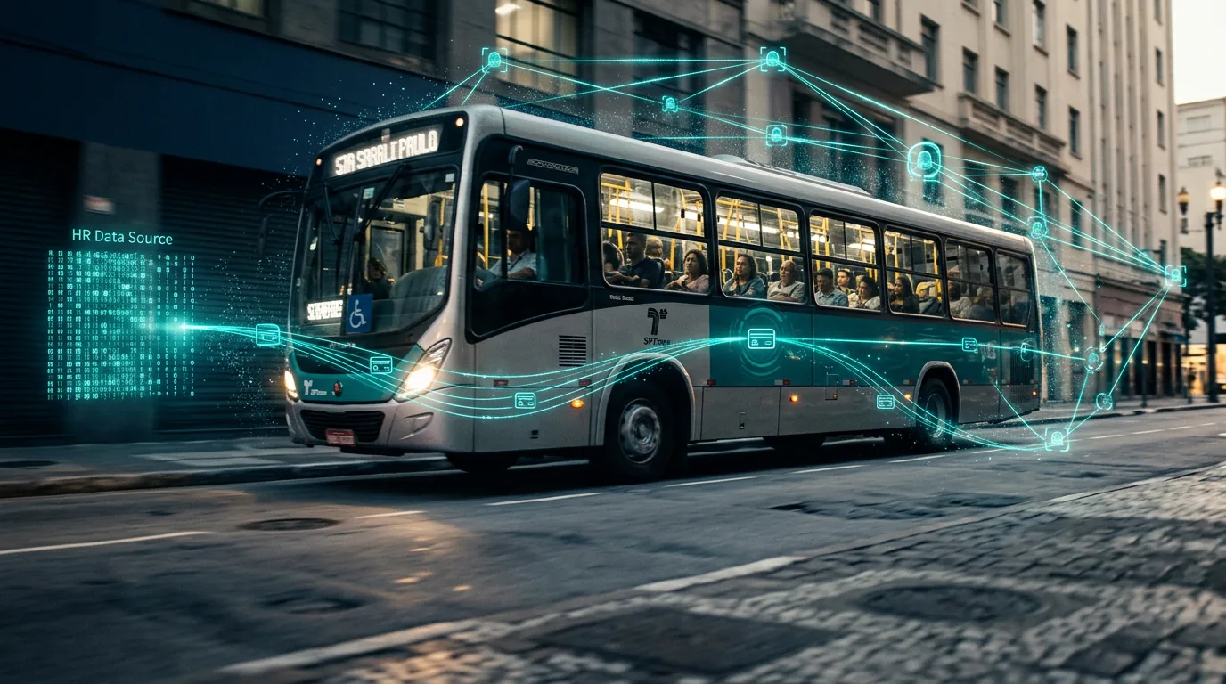 Ônibus urbano em São Paulo com camada de IA da RHHUB orquestrando a carga do Vale Transporte